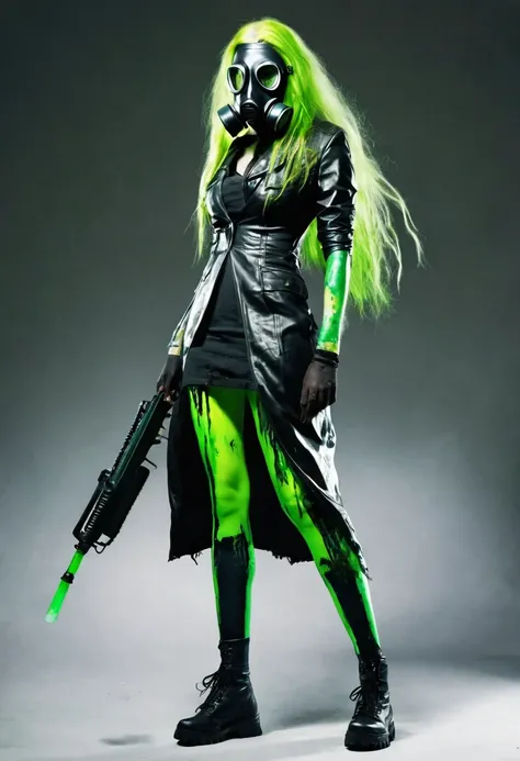 Female zombie, with acid breath, long hair, (toxic gas mask with green acid breath), villain, full body, full body view 