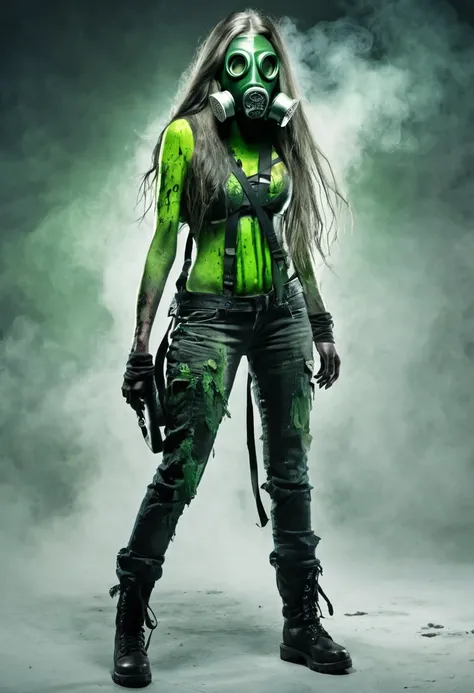 Female zombie, with acid breath, long hair, (toxic gas mask with green acid breath), villain, full body, full body view 