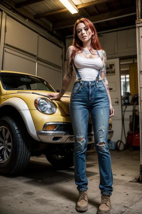 [Masterpiece, best quality],((Brazilian woman, sexy, tattooed, red hair, wearing a torn denim suspender, long hair, fixing a car in a garage)),(Red Beetle with open engine, car garage mechanic), tools, table on the right, boxes, beer, tires on the floor, w...