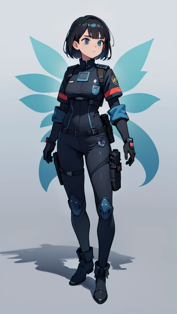 1,An android that resembles a human,Deep blue eyes,Short black hair,Dark blue uniform,Island symbol on chest,Armband on right arm,gloves,Many side pockets,Black leather boots,badge,White background,whole body,Character portrait,