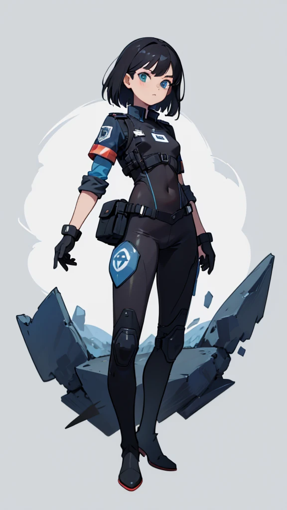 1,An android that resembles a human,Deep blue eyes,Short black hair,Dark blue uniform,Island symbol on chest,Armband on right arm,gloves,Many side pockets,Black leather boots,badge,White background,whole body,Character portrait,