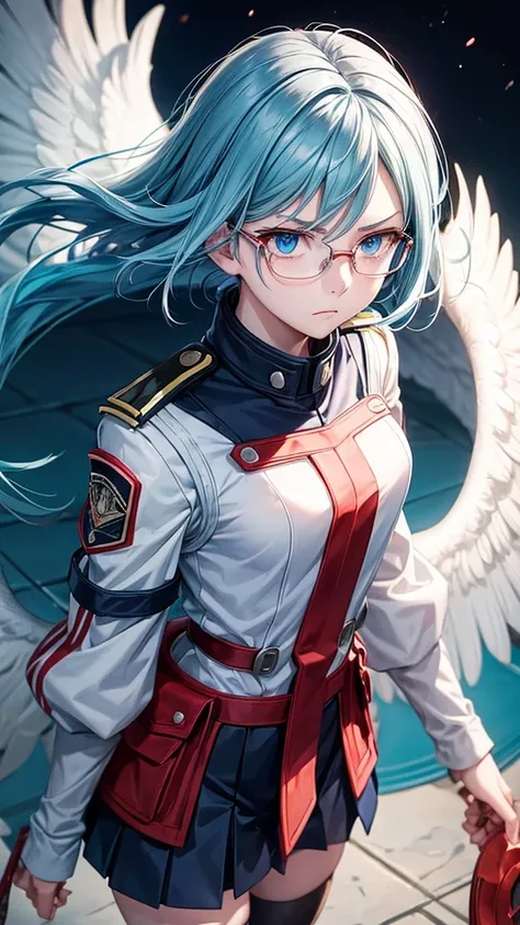 my hero academia screenshots, 16 year old teenage girl with very light blue hair, blue eyes, very pale skin, glasses, in the UA uniform, with red eagle wings on his back, serious expression looking to the side, shoulder length hair in bob cut, with volume