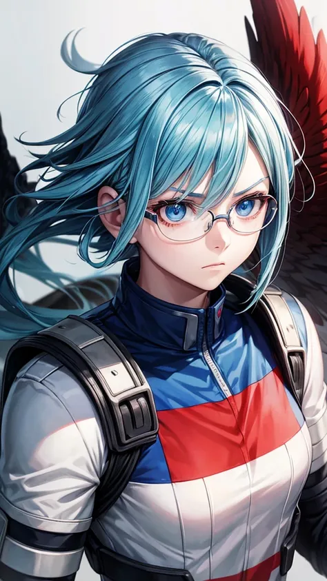 my hero academia screenshots, 16 year old teenage girl with very light blue hair, blue eyes, very pale skin, glasses, in the UA uniform, with red eagle wings on his back, serious expression looking to the side, shoulder length hair in bob cut, with volume