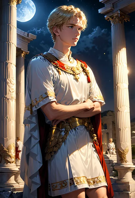 Handsome young blond man, around 20 years old, Roman soldier, liturgical uniform, ancient Greek temple, He was standing,  (leaning against a pillar:1.2), thinking deeply, arms folded, weight on one leg, the other slightly bent, late night inside the temple...