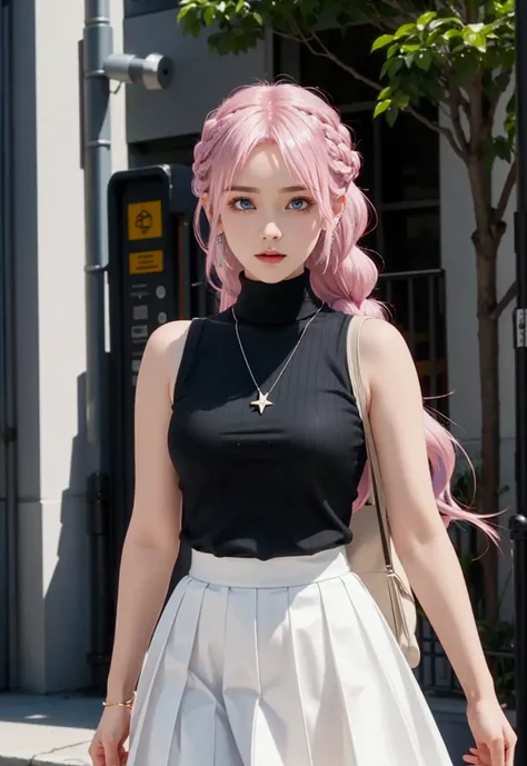 ultra-detailed,highly detailed,best quality,masterpiece,illustration, 
The image features a young person with pink hair styled with braids and loose strands. They are wearing a sleeveless white turtleneck top with subtle vertical stripes and a black pleate...