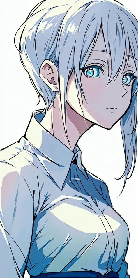 Anime style illustration, mature female character, white skin, beautiful face, short white hair, mature body, slanted eyes with light blue pupils.