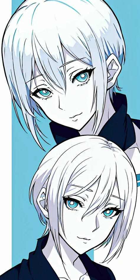 Anime style illustration, mature female character, white skin, beautiful face, short white hair, mature body, slanted eyes with light blue pupils.