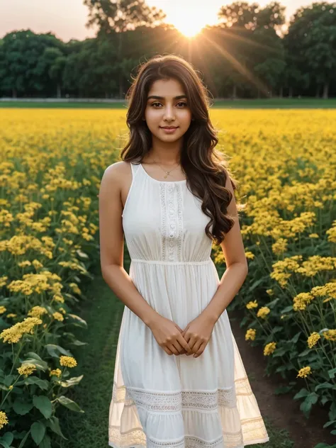 beautiful, tall, Indian Latina girl, white skin, Full body photo of a woman standing gracefully, no shoes, wavy brown hair, hazel eyes, wearing sundress in a garden with soft light, looking at viewer, Instagram photo, 14 years old girl named Reema khan, fr...