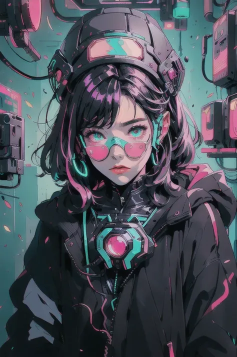 ((Highest quality)), ((masterpiece)), (Very detailed:1.3), 3d,Neon Black, Beautiful Cyberpunk Woman,(Wear a large, high-tech head-mounted display:1.2),wear a cape,Hacking a computer terminal,Purple neon light from monitor, Green neon sign on the wall,