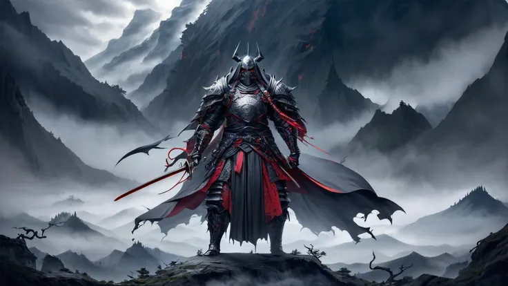 A striking dark fantasy illustration of a skilled swordsman clad in intricate Japanese plate armor, standing atop a mountain. He wields a magnificent katana with a sinister aura, its blade dripping with dark energy. The armor features a blend of traditiona...