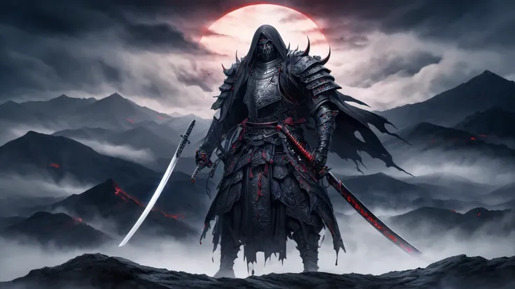 A striking dark fantasy illustration of a skilled swordsman clad in intricate Japanese plate armor, standing atop a mountain. He wields a magnificent katana with a sinister aura, its blade dripping with dark energy. The armor features a blend of traditiona...