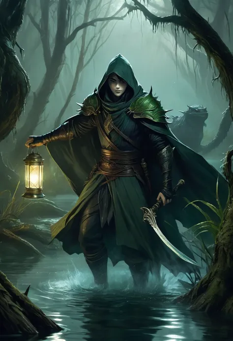 

Retrate Kaelith, the Shadowhunter, in a dark and misty swamp, amidst a fierce battle against aquatic monsters. Kaelith must be in a small wooden boat, holding a scared  wrapped in his protective cloak. He wields a curved sword, your figure wrapped in a d...