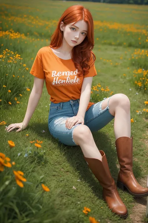 Redhead teenager sitting on grass and flower field orange shirt jeans and brown boots 