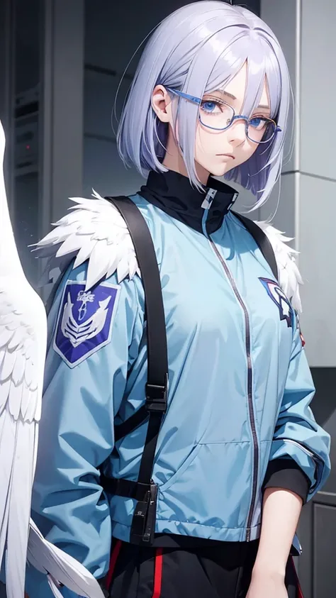 girl with hair half light blue and half lilac, blue eyes, very pale skin, glasses, in the UA uniform, with red eagle wings on his back, serious expression looking to the side, shoulder length hair in bob cut, with volume