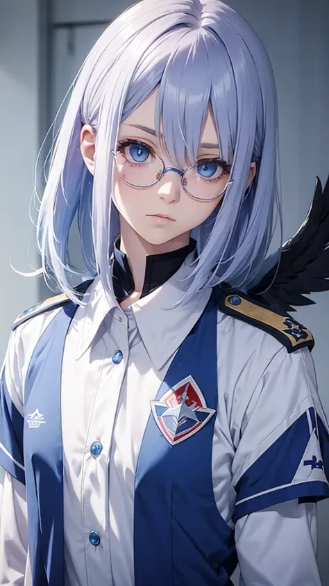 girl with hair half light blue and half lilac, blue eyes, very pale skin, glasses, in the UA uniform, with red eagle wings on his back, serious expression looking to the side, shoulder length hair in bob cut, with volume