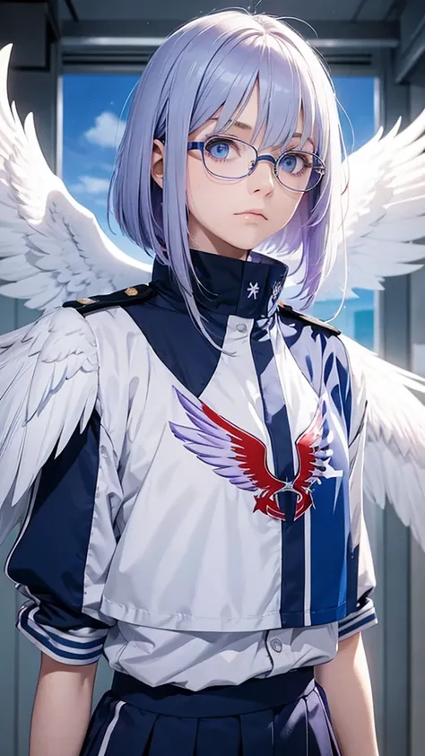 girl with hair half light blue and half lilac, blue eyes, very pale skin, glasses, in the UA uniform, with red eagle wings on his back, serious expression looking to the side, shoulder length hair in bob cut, with volume