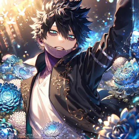 absurdres, highres, ultra detailed, HDR, master piece, best quality, extremely detailed, Dabi, black hair, expressive turquoise eyes, Boku No Hero Academia, solo, sexy man, handsome, black coat, white T-shirt, fantasy, water, sparkling, blue glittering fir...