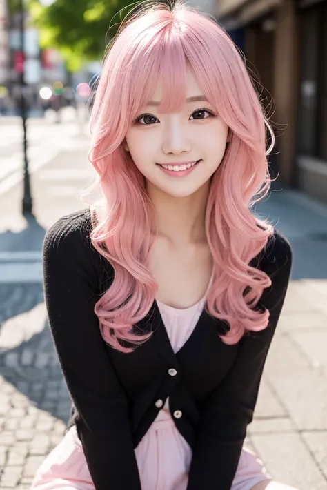 (spread pussy:1.3),(Pink Hair :1.3),Studio Light, Depth of written boundary, thin, cute顔, smile, Beautiful details in the eyes, 19 year old Japanese, cute, voluminous curled hair, Plaza, casual