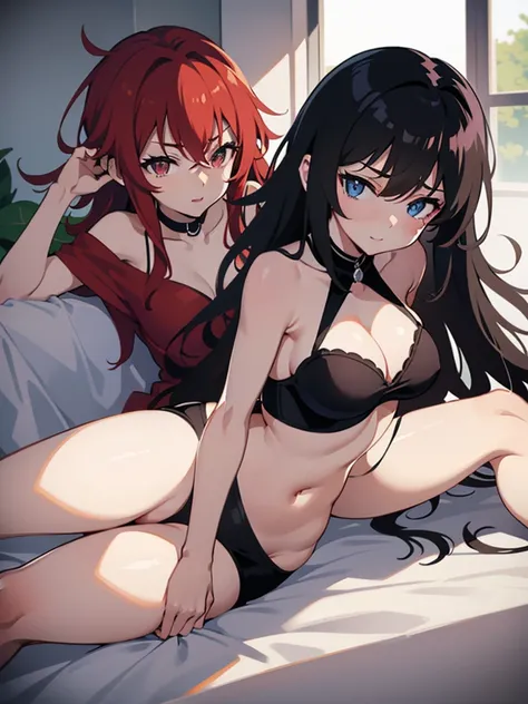 Rias (anime dxd) in black bikini lying on a white bed looking at the camera 