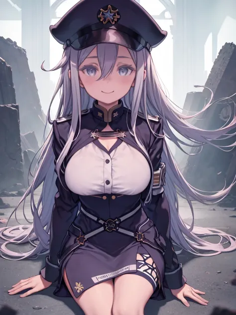 One Woman、Grey Eyes、Grey Hair、Hair between the eyes、Long Hair、Ahoge、Big Breasts、Huge breasts、 Blue jacket、Blue Skirt、uniform 、military cap、White knee socks、White shirt, Watching the audience、Smiling、Upper Body、ruins、