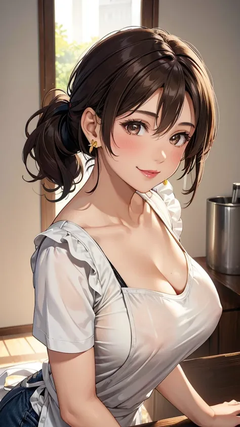 Female 26 years old，housewife，Sunlight，Smile，put on lipstick，light brown short curly hair，Tie a ponytail on the left side，Slightly plump，half moon earrings，Close-up photo of face，Home apron