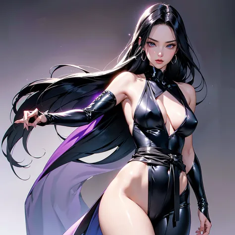 (masterpiece, intricate details, ultra high resolution) Psylocke from Marvel, depicted in an exquisitely detailed and sensual image. She is wearing a sleek black bodysuit paired with black leggings, perfectly hugging her athletic and toned figure. A purple...