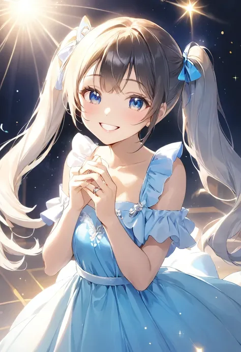 A shining ring placed in the center、Beautiful girl looking at the ring、Great smile、Bright smile、White half dress、Light blue long dress、Beautiful girl with twin tails