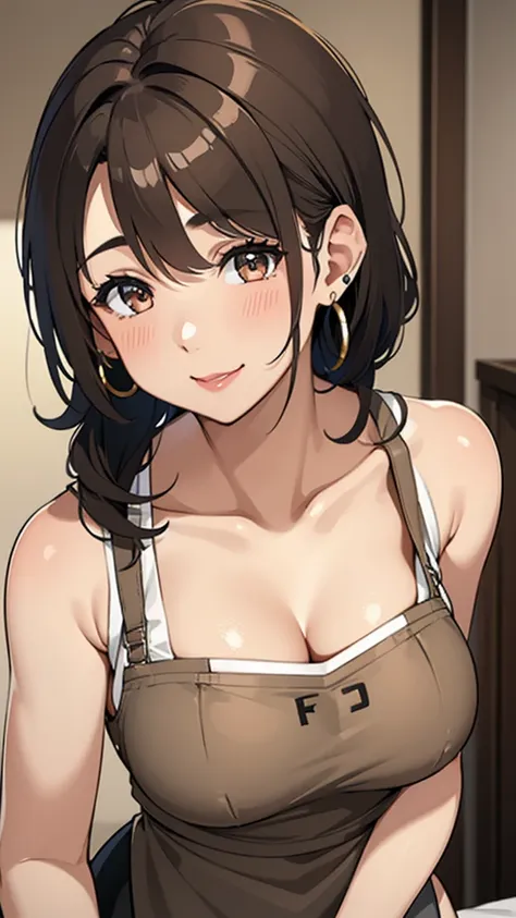 Female 26 years old，housewife，Sunlight，Smile，put on lipstick，light brown short curly hair，Tie a ponytail on the left side，Slightly plump，half moon earrings，Close-up photo of face，Home apron