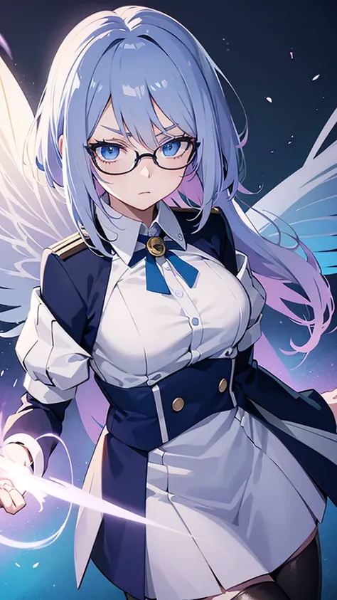 my hero academia screenshot, girl with hair half light blue and half lilac, blue eyes, very pale skin, glasses, in the UA uniform, with butterfly wings of light blue color faded to white on its back, serious expression looking to the side, shoulder length ...