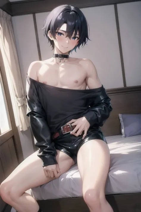 masterpiece, Highest quality, beautiful boys anime face, 19 old a boy, gay anime hentai, tall, no underwear, bedroom alone, sexy pose, blushing and smile face, Upper body naked, short hair, black eyes, leather shorts, want sex, prostitute boy, full body, c...