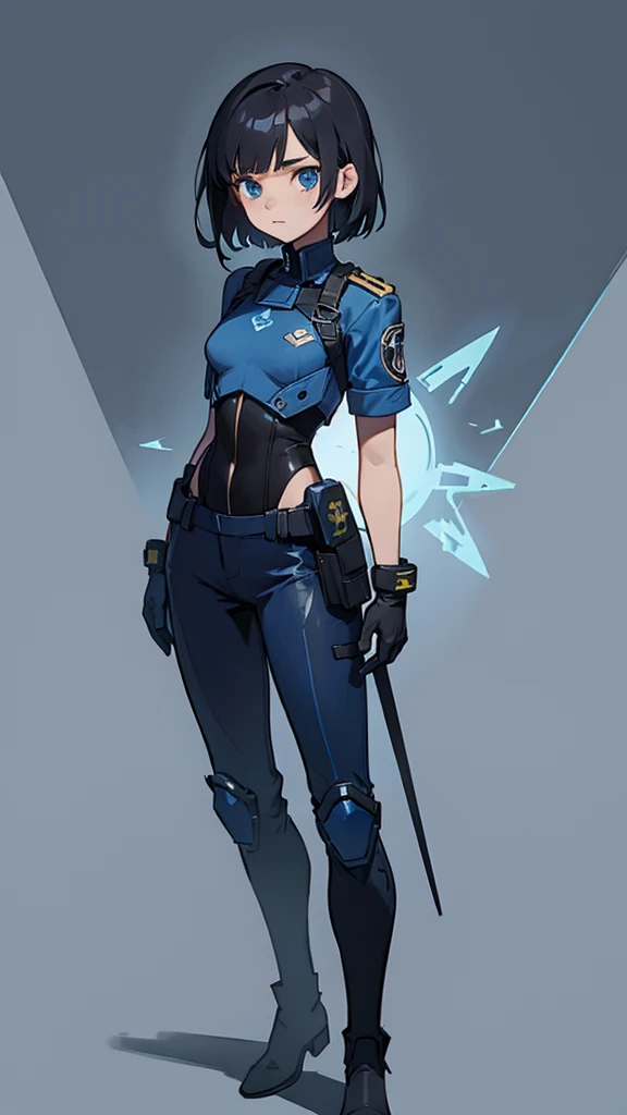 1,An android that resembles a human,Deep blue eyes,Short black hair,Dark blue uniform,Island symbol on chest,Armband on right arm,gloves,Dark blue pants for easy movement,Many side pockets,Black leather boots,badge,White background,whole body,Character por...