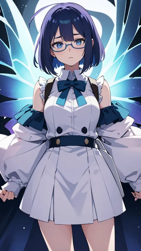 my hero academia screenshot, girl with hair half light blue and half lilac, blue eyes, very pale skin, glasses, in the UA uniform, with butterfly wings of light blue color faded to white on its back, serious expression looking to the side, shoulder length ...