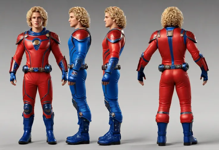 front view, side view, back biew, a dynamic photorealistic ((full-body character sheet)) of a 22years old RYAN DALISH, of north-american origin, fit appearance, well built, blonde curly hairs, chiseled chin, greek demi-god appearance, face like the roman a...