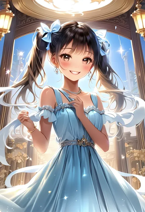 A shining ring placed in the center、Beautiful girl looking at the ring、Great smile、Bright smile、White half dress、Light blue long dress、Beautiful girl with twin tails