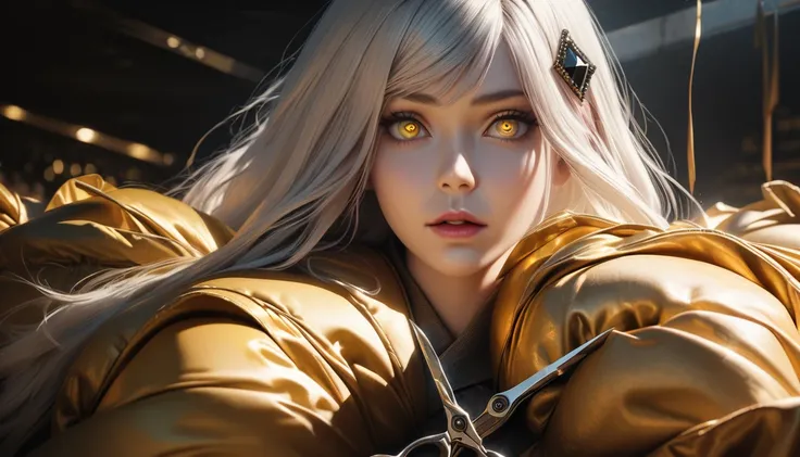 a woman with flowing white hair, melancholy eyes, yellow pupils, black diamond-shaped hairpin, cutting up tattered super huge golden silk cushions with scissors, detailed face and eyes, photorealistic, 8k, cinematic lighting, dramatic color palette, high f...