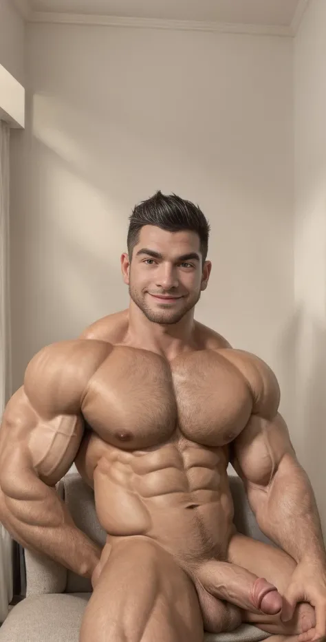 (masterpiece, intricately detailed, highest resolution, best quality:1.2),a cocky Sean Xavier, a 34 y.o muscle stud with a muscular physique sitting on a chair with black eyes,fair-skinned male, completely naked, flaccid penis, intimidating, little smirkin...