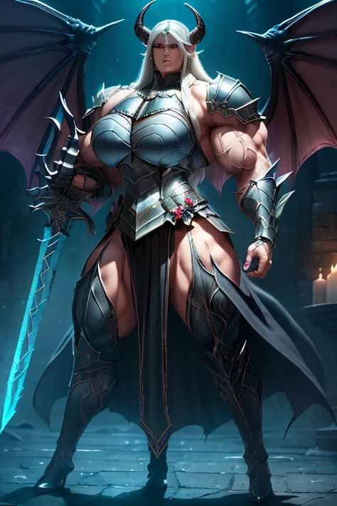 ((Massive beautiful, buff, light brown skinned muscular dark paladin woman with white hair, giant demon wings, black lipstick, ginormous bulky muscles, carrying a giant sword and wearing full black demonic paladin knight armored with a long tiered skirt)),...