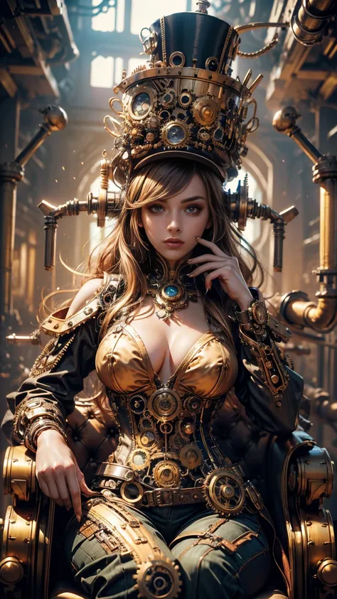 On a steampunk world, A Hyperrealistic, Ultra-detailed, Anatomically Perfect Image of ((woman steampunk inventor with a hat.)) The woman is working on a new flying backpack. Shes sitting in her steampunk chair. ((steampunk tools and pipes on the background...