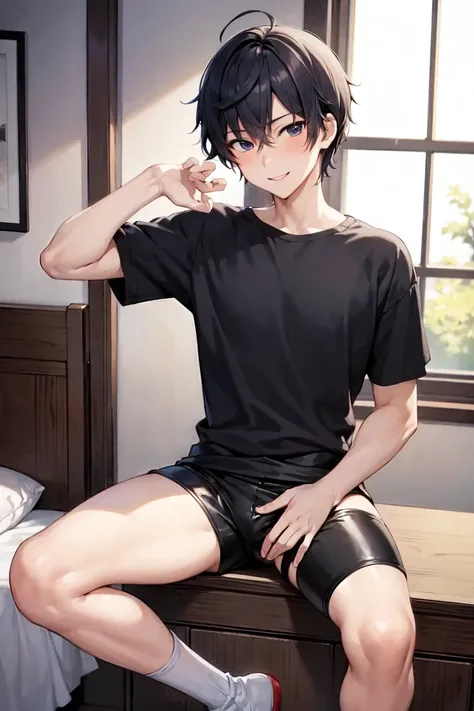 masterpiece, Highest quality, beautiful boys anime face, 19 old a boy, gay anime hentai, tall, no underwear, bedroom alone, sexy pose, blushing and smile face, Upper body naked, short hair, black eyes, leather shorts, want sex, prostitute boy, full body, c...