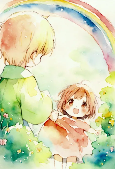 A girl and a boy, about 4 years old, under a big rainbow　Picture books　Watercolor