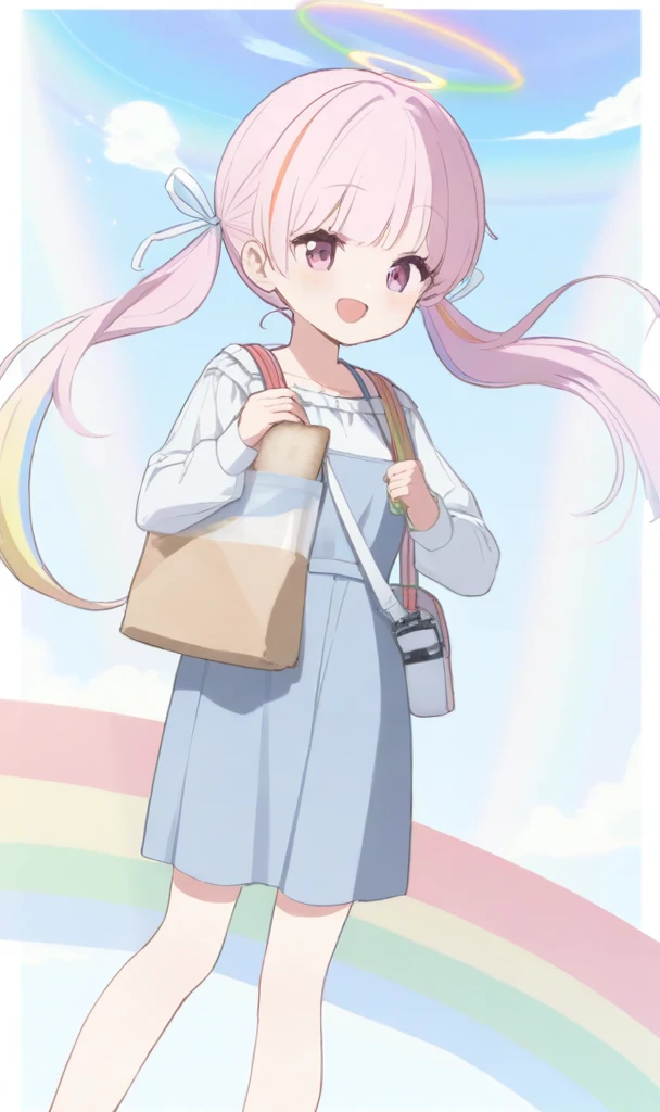 Gun_on_back_rainbow_hair_Holding_Bread_halo_casual_cute_outfits_Long_Twintails_hair_with_white_ribbons_(blue achive)