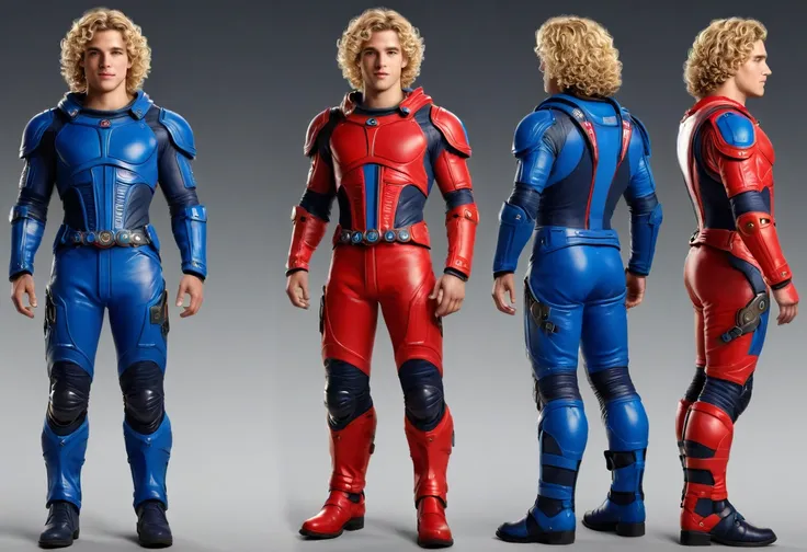 front view, side view, back biew, a dynamic photorealistic ((full-body character sheet)) of a 22years old RYAN DALISH, of north-american origin, fit appearance, well built, blonde curly hairs, chiseled chin, greek demi-god appearance, face like the roman a...