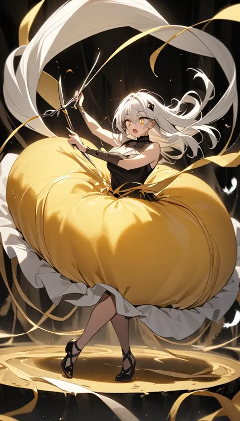 A woman, flowing white hair, melancholy eyes, yellow pupils, black diamond-shaped hairpin, A woman is cutting up a super huge golden silk cushion with scissors in a dirty way. Tiny feathers are dancing,