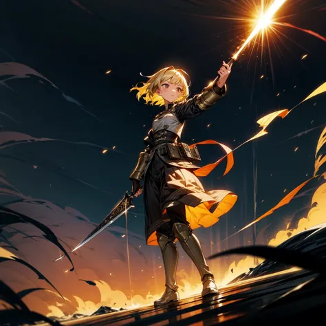 1girl, Full body version, 1character, girl version, black eyes color, bob Curly haircut, blonde colour hair, army style clothing, long skirt, long boots, iron armor, gold knife in hand, Grassroots, background in beach, motion blur, (demon slayer style art)...