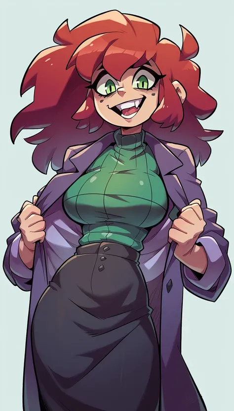 An attractive sexy hex girl with a big breast wears red hair, a messy cut, his green eye, Wear a purple button-down office coat with a purple long skirt with a black heel.. 