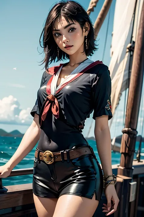 （Highest quality), (High detail), (Vibrant colors), (One girl), A cute female pirate sailing the high seas, High resolution, 4K, From head to thigh,