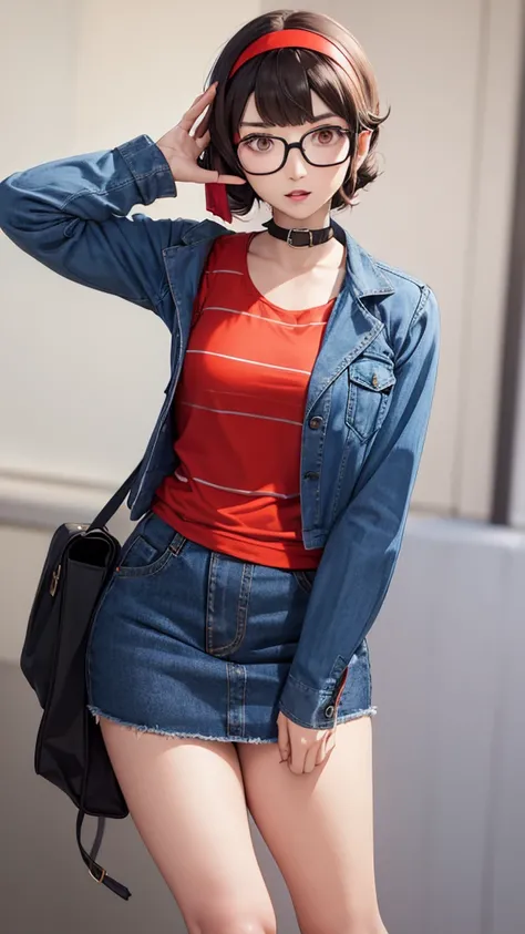 colettedef, sharp teeth, hair over one eye, hairband, blue shirt, long sleeves, red vest, pants,striped shirt, long sleeves, skirt, denim skirt, dsfutaba