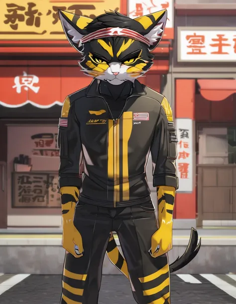 best quality, 2.5D, yellow and black striped tomcat, mean look, twisted headband, standing, background ramen shop