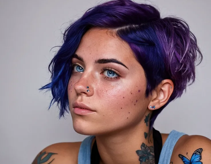 Create a profile image of a 22-year-old American woman, crystal blue eyes, olive skin, freckles on her face, short Butterfly Cut hair, blue and purple hair, slightly messy hair. She has a small star tattoo below her left eye. She is sitting, depth of field...