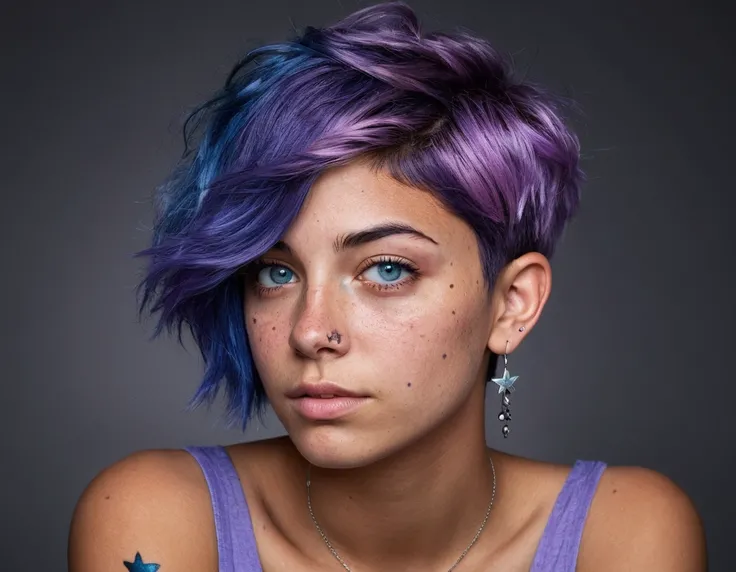 Create a profile image of a 22-year-old American woman, crystal blue eyes, olive skin, freckles on her face, short Butterfly Cut hair, blue and purple hair, slightly messy hair. She has a small star tattoo below her left eye. She is sitting, depth of field...